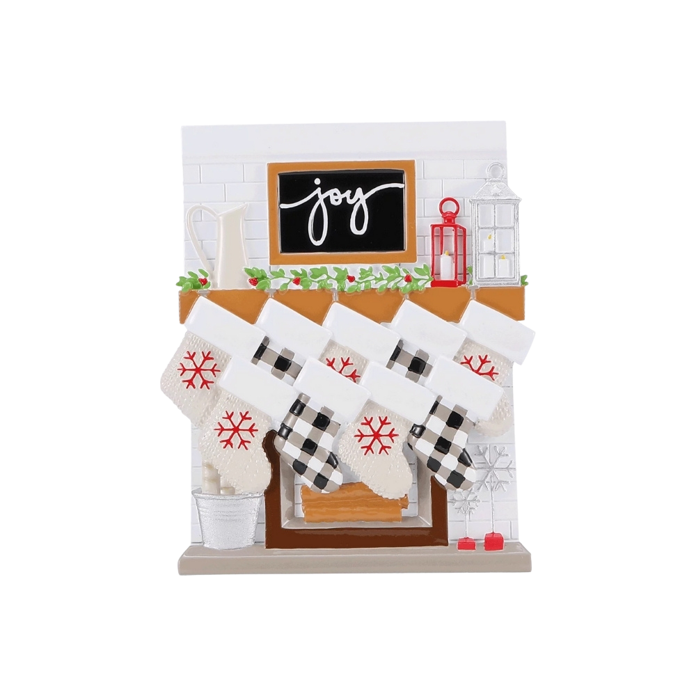 Fireplace Mantle Family of 9 Personalized Ornament