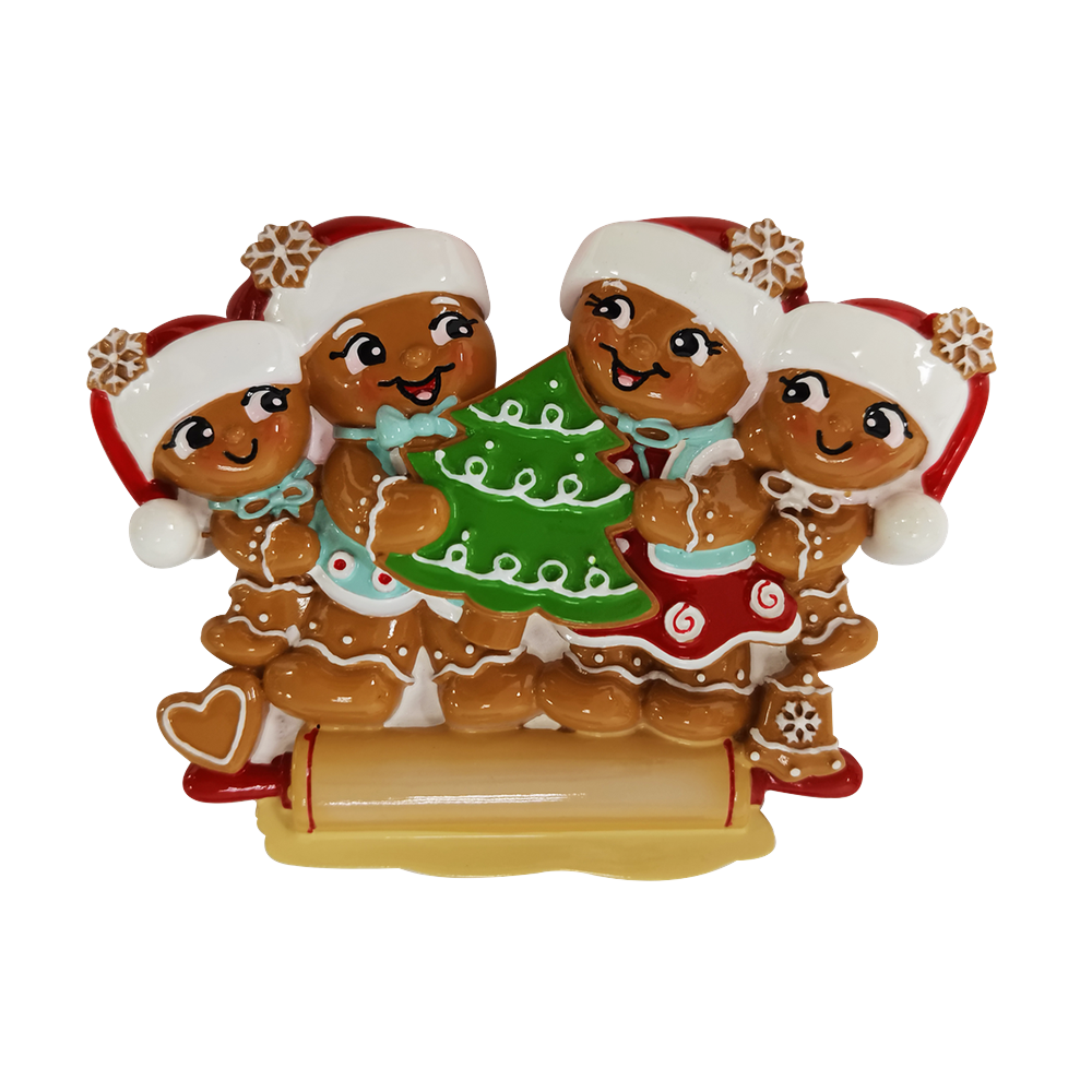 Nostalgic Gingerbread Family of 4 Personalized Ornament