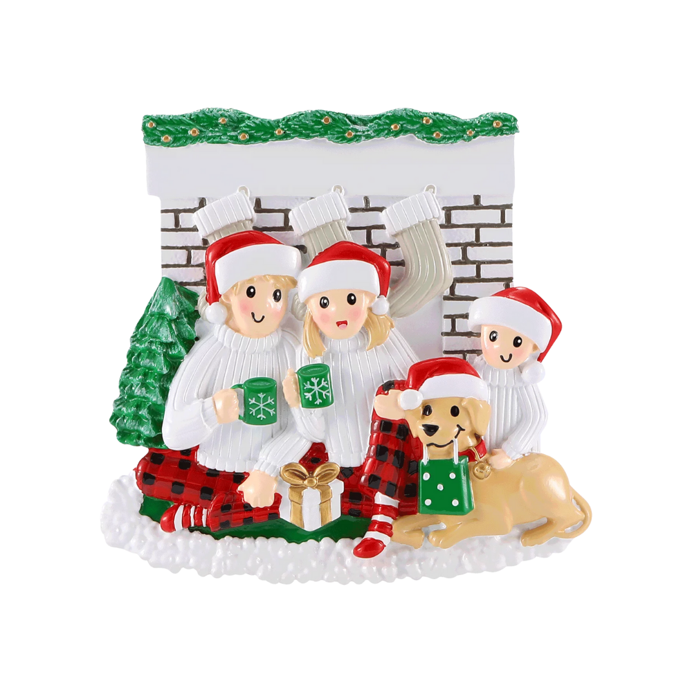 Sitting in Front of Fireplace (Family of 3) Personalized Ornament