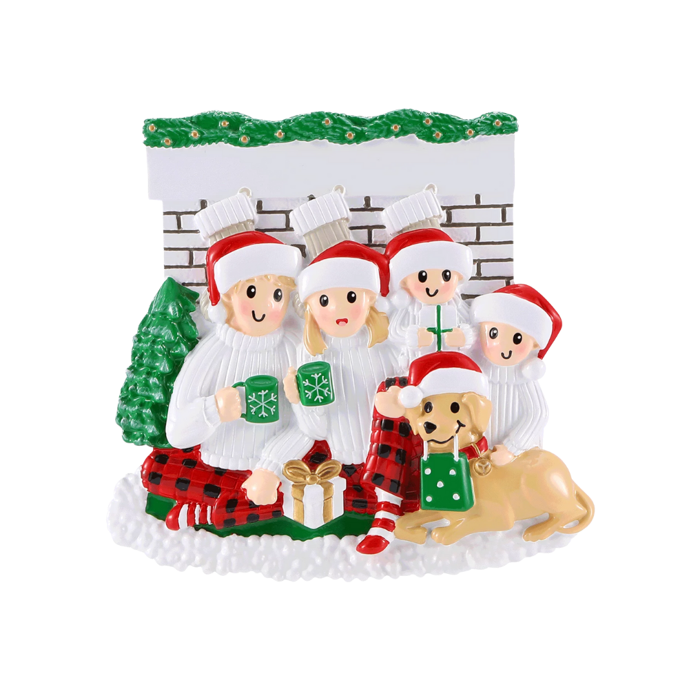 Sitting in Front of Fireplace (Family of 4) Personalized Ornament