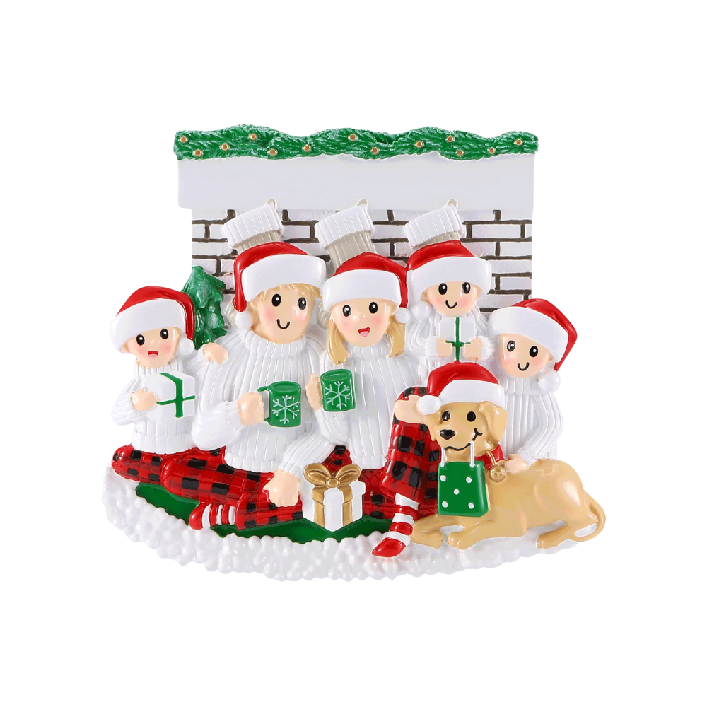 Sitting in Front of Fireplace (Family of 5) Personalized Ornament