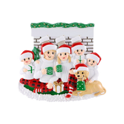 Sitting in Front of Fireplace (Family of 5) Personalized Ornament
