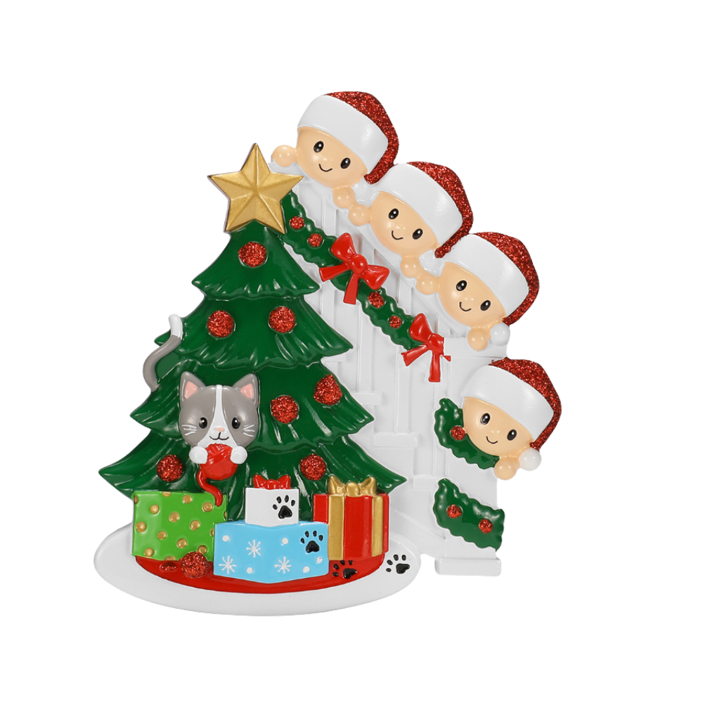Cat in Christmas Tree Family of 4 Personalized Ornament