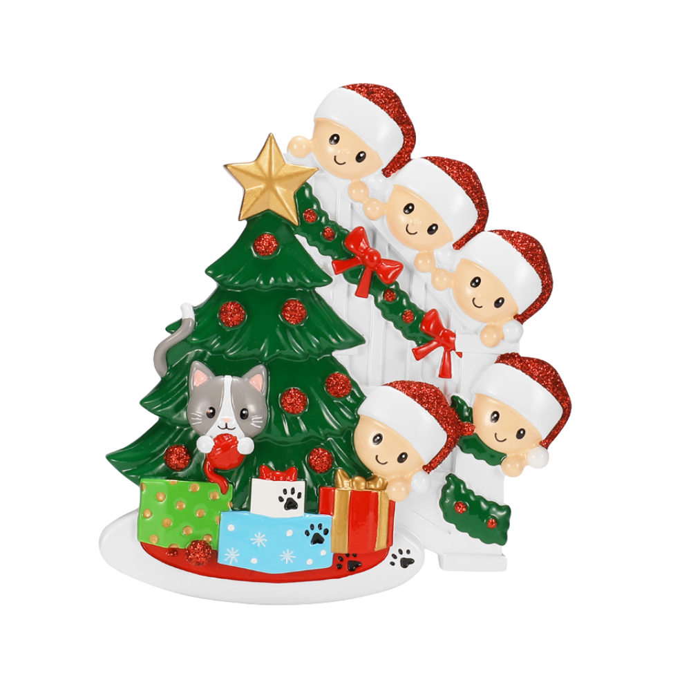 Cat in Christmas Tree Family of 5 Personalized Ornament