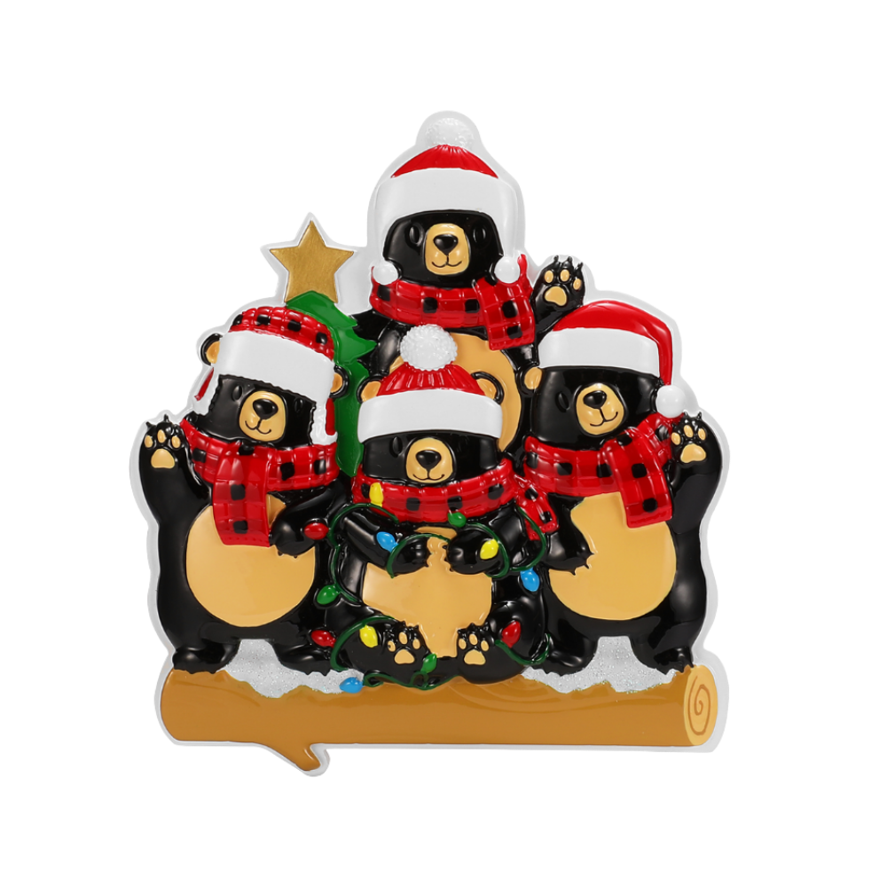 Bears with Scarf & Santa Hat Family of 4 Personalized Ornament