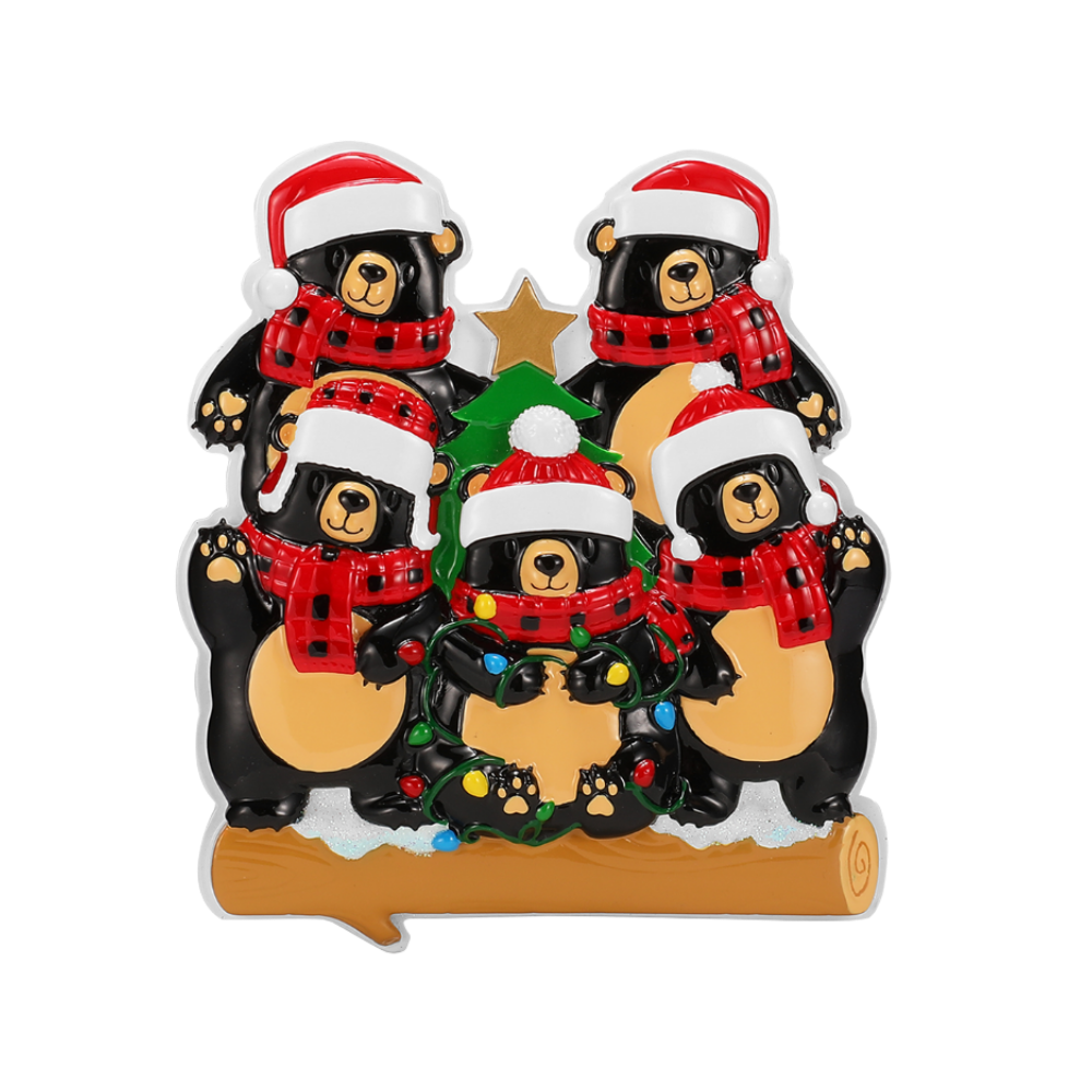 Bears with Scarf & Santa Hat Family of 5 Personalized Ornament