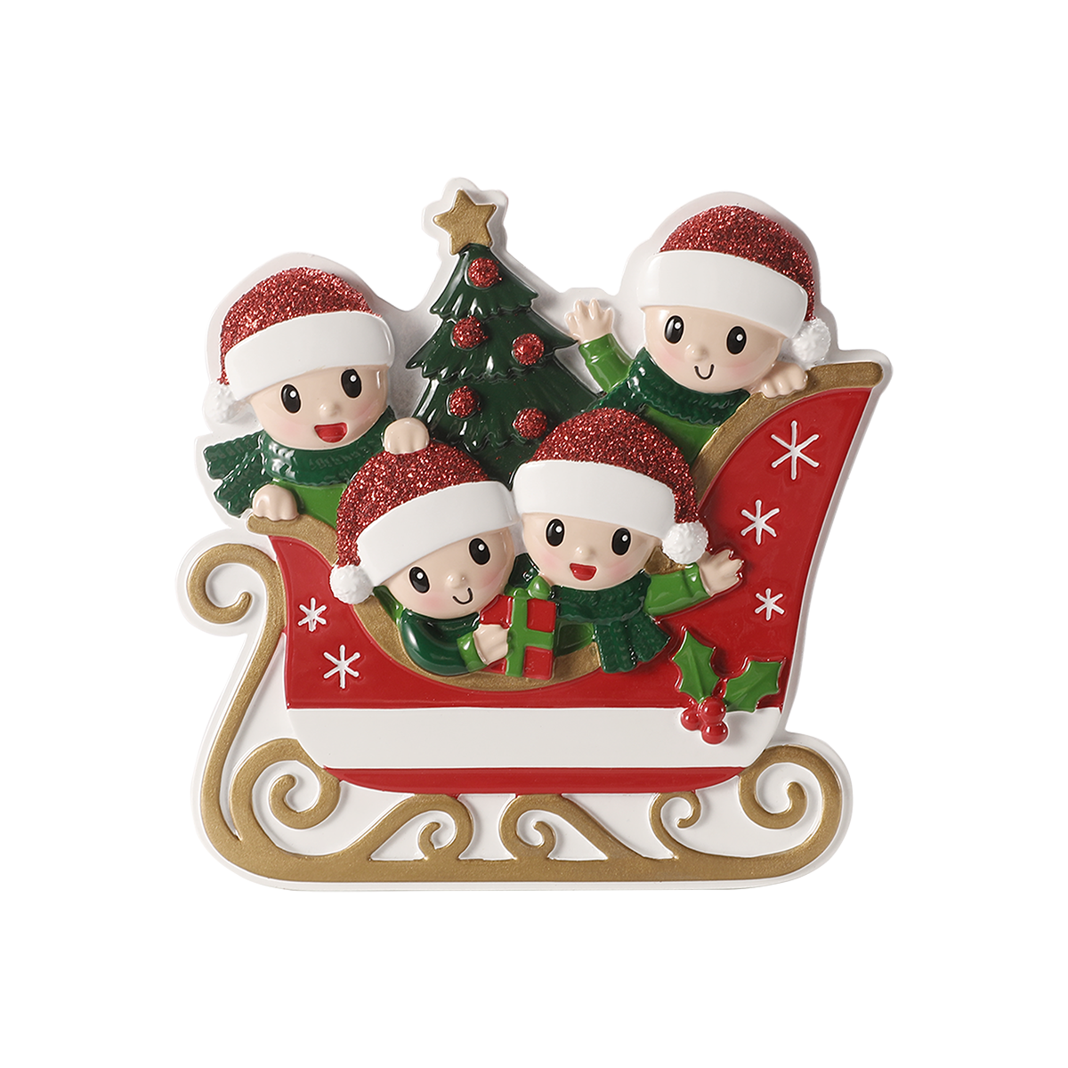 Family in Sleigh of 4 Personalized Ornament