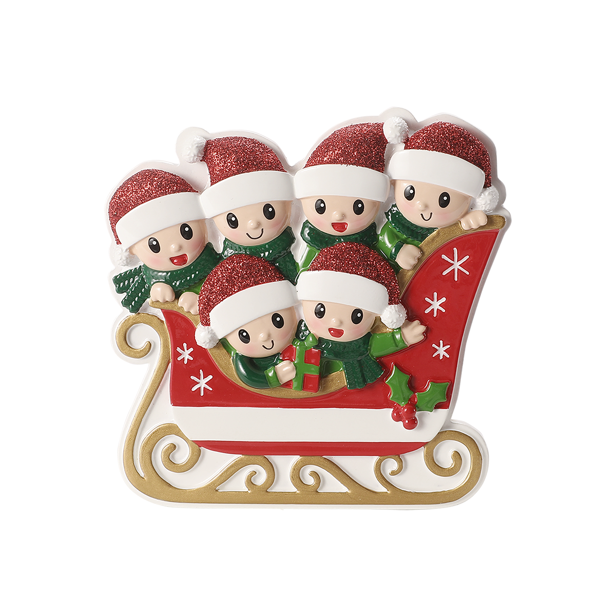 Family in Sleigh of 6 Personalized Ornament