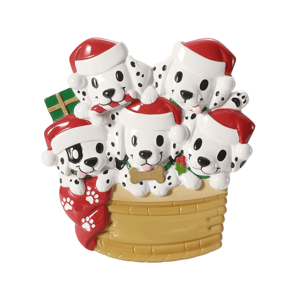 Puppy Family of 5 with Christmas Hats Personalized Ornament