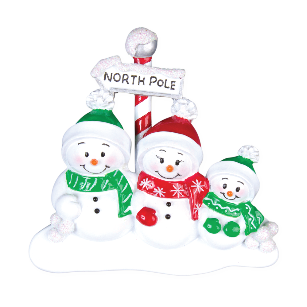 North Pole Family of 3 Personalized Ornament