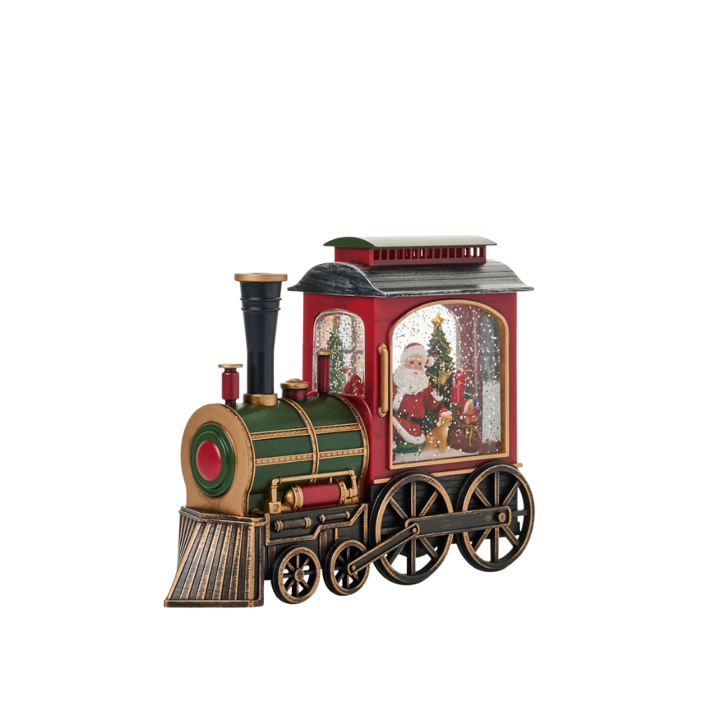 7.75″H x 9.5″ x 3″ LED Santa & Xmas Tree in Train Plastic Water Globe Glitter Spinner