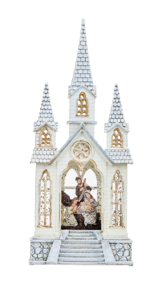 16″H LED Holy Family & Angle in Church Plastic Water Globe Glitter Spinner