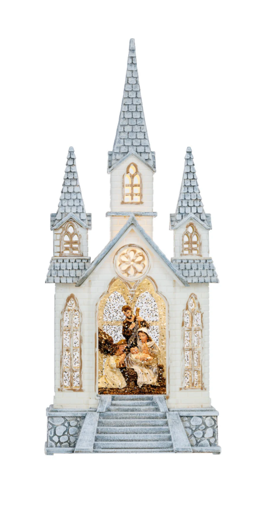 16″H LED Holy Family & Angle in Church Plastic Water Globe Glitter Spinner