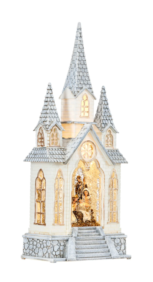 16″H LED Holy Family & Angle in Church Plastic Water Globe Glitter Spinner