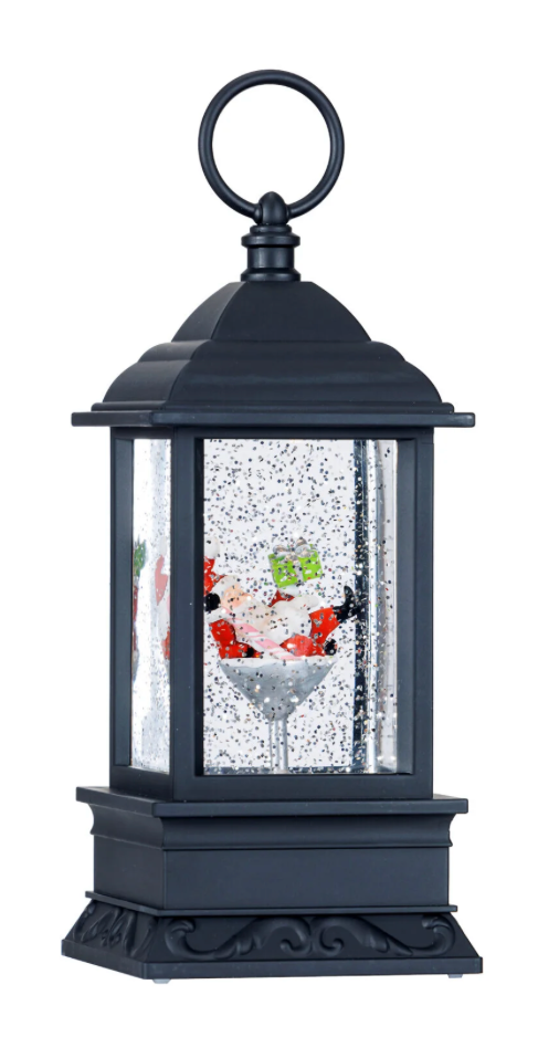 9″H LED Santa Martini Cup Plastic Water Globe Lantern Glitter Spinner