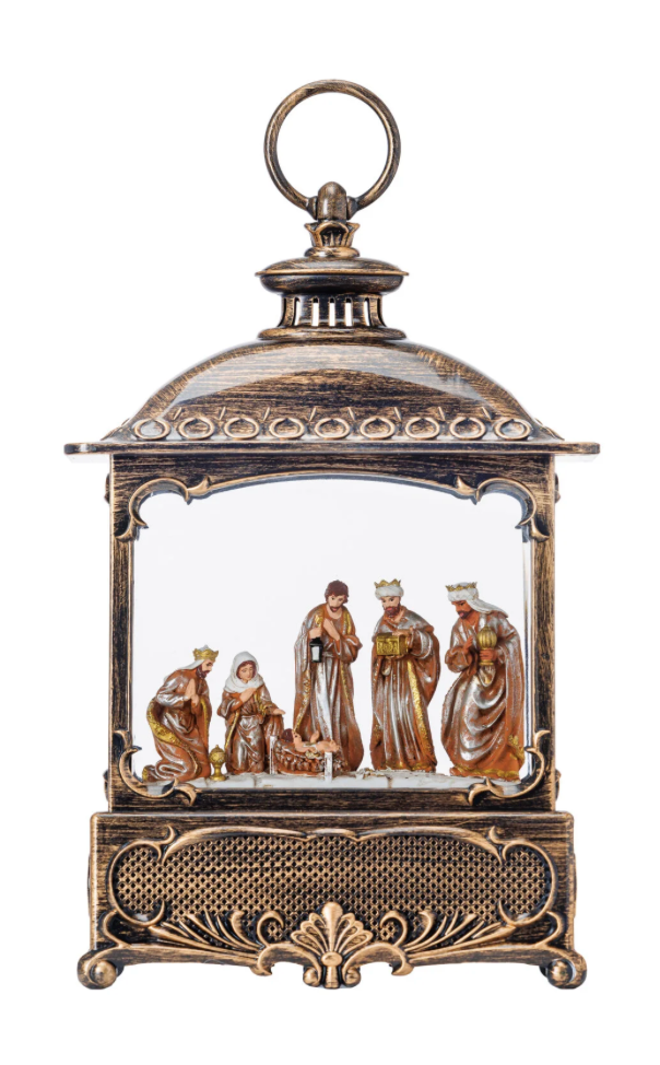 10″H LED Nativity Flat Plastic Water Lantern Glitter Spinner