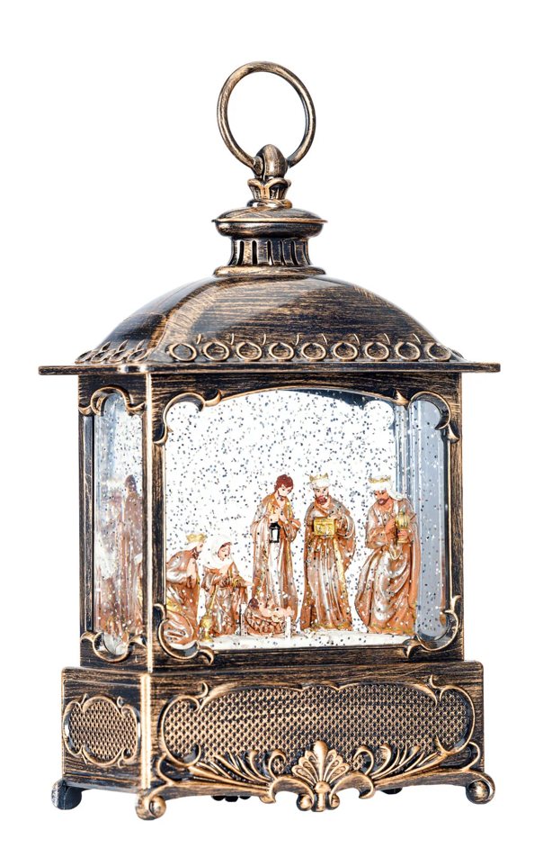 10″H LED Nativity Flat Plastic Water Lantern Glitter Spinner