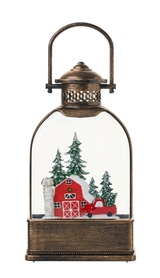 Snow Globes- 9″H LED Farmhouse Water Globe Lantern Glitter Spinning