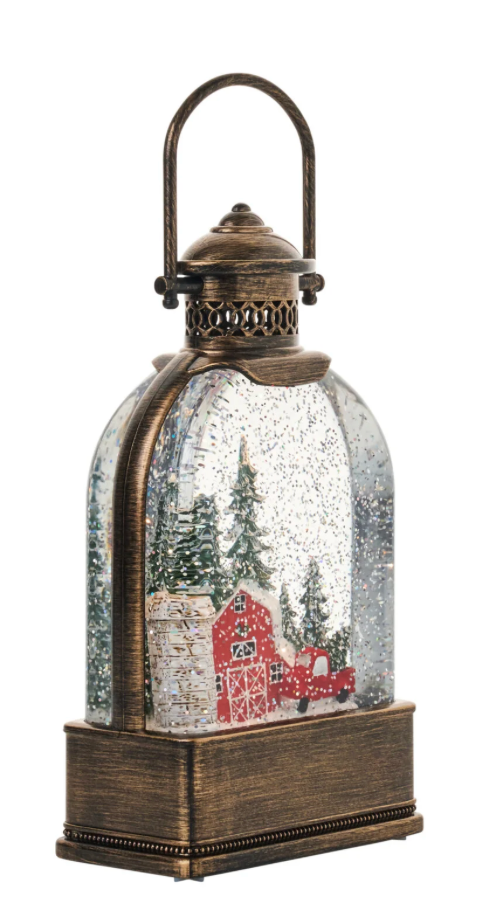 Snow Globes- 9″H LED Farmhouse Water Globe Lantern Glitter Spinning