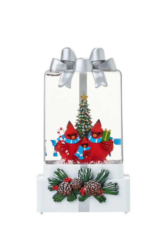 Snow Globes- 7″H LED Cardinals in Giftbox Water Globe Lantern Glitter Spinning