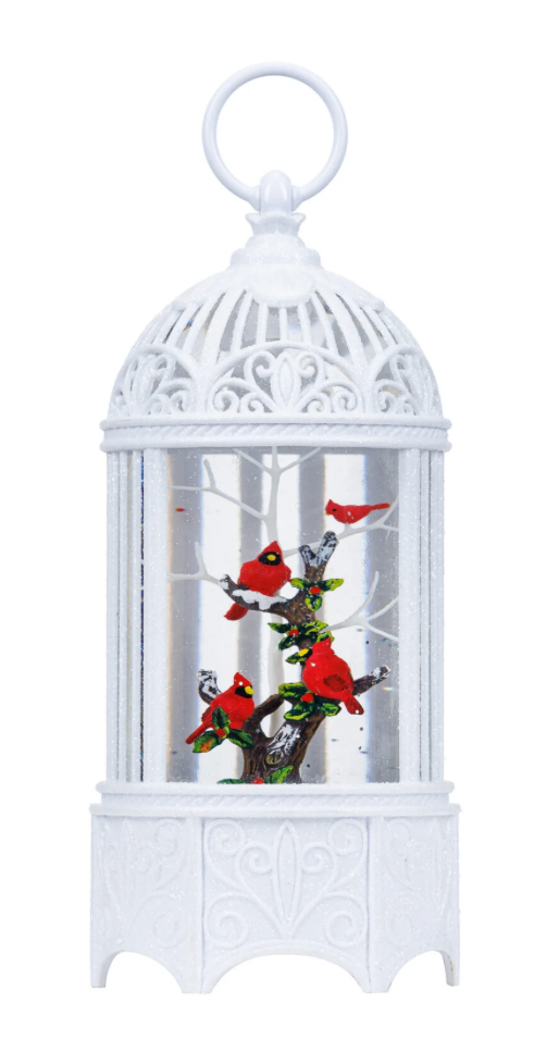 10.25″H LED Cardinals in Bird Cage Plastic Water Globe Glitter Spinner