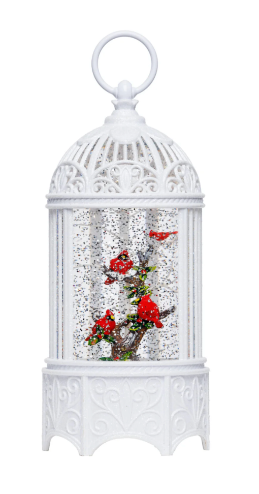 10.25″H LED Cardinals in Bird Cage Plastic Water Globe Glitter Spinner