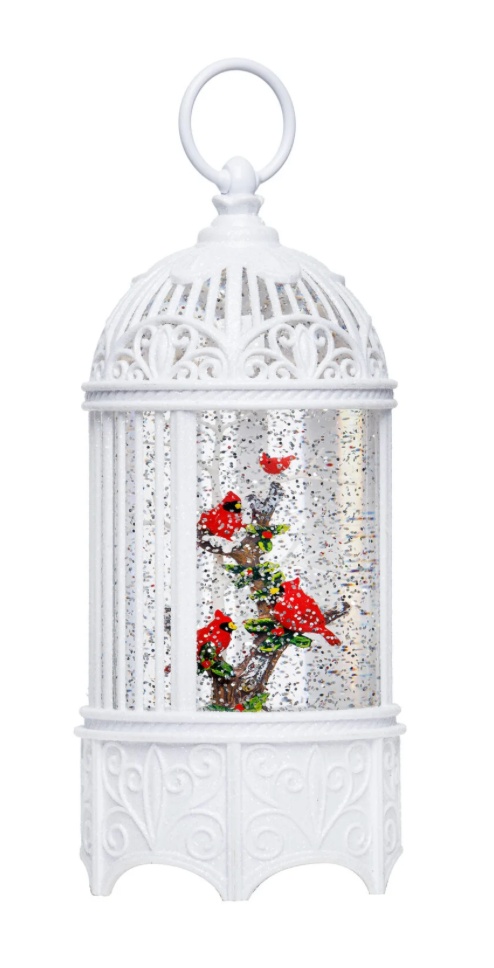 10.25″H LED Cardinals in Bird Cage Plastic Water Globe Glitter Spinner