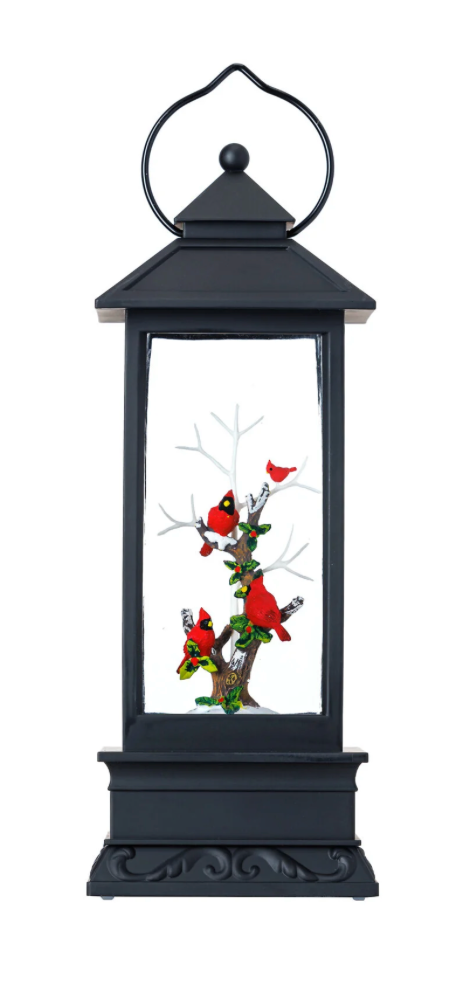 11″H LED Cardinals Plastic Water Globe Lantern Glitter Spinner