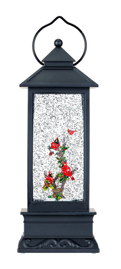 11″H LED Cardinals Plastic Water Globe Lantern Glitter Spinner