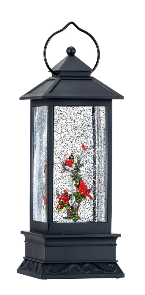 11″H LED Cardinals Plastic Water Globe Lantern Glitter Spinner