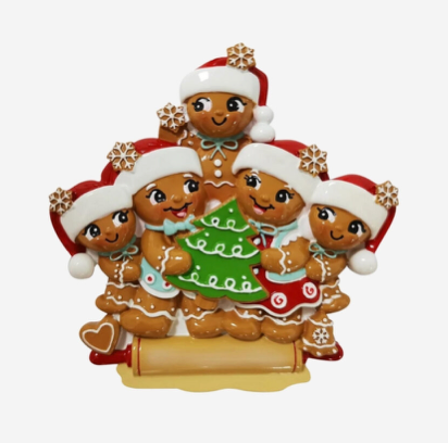 Nostalgic Gingerbread Family of 5 Personalized Ornament