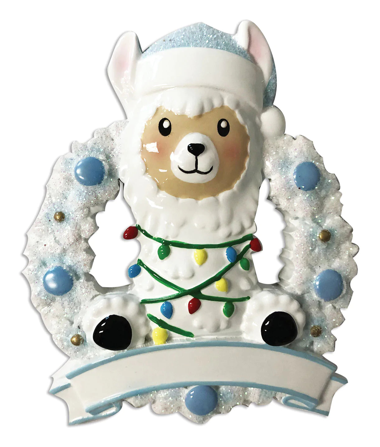 Llama In Wreath (Blue) Personalized Christmas Ornament