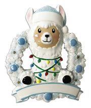 Llama In Wreath (Blue) Personalized Christmas Ornament