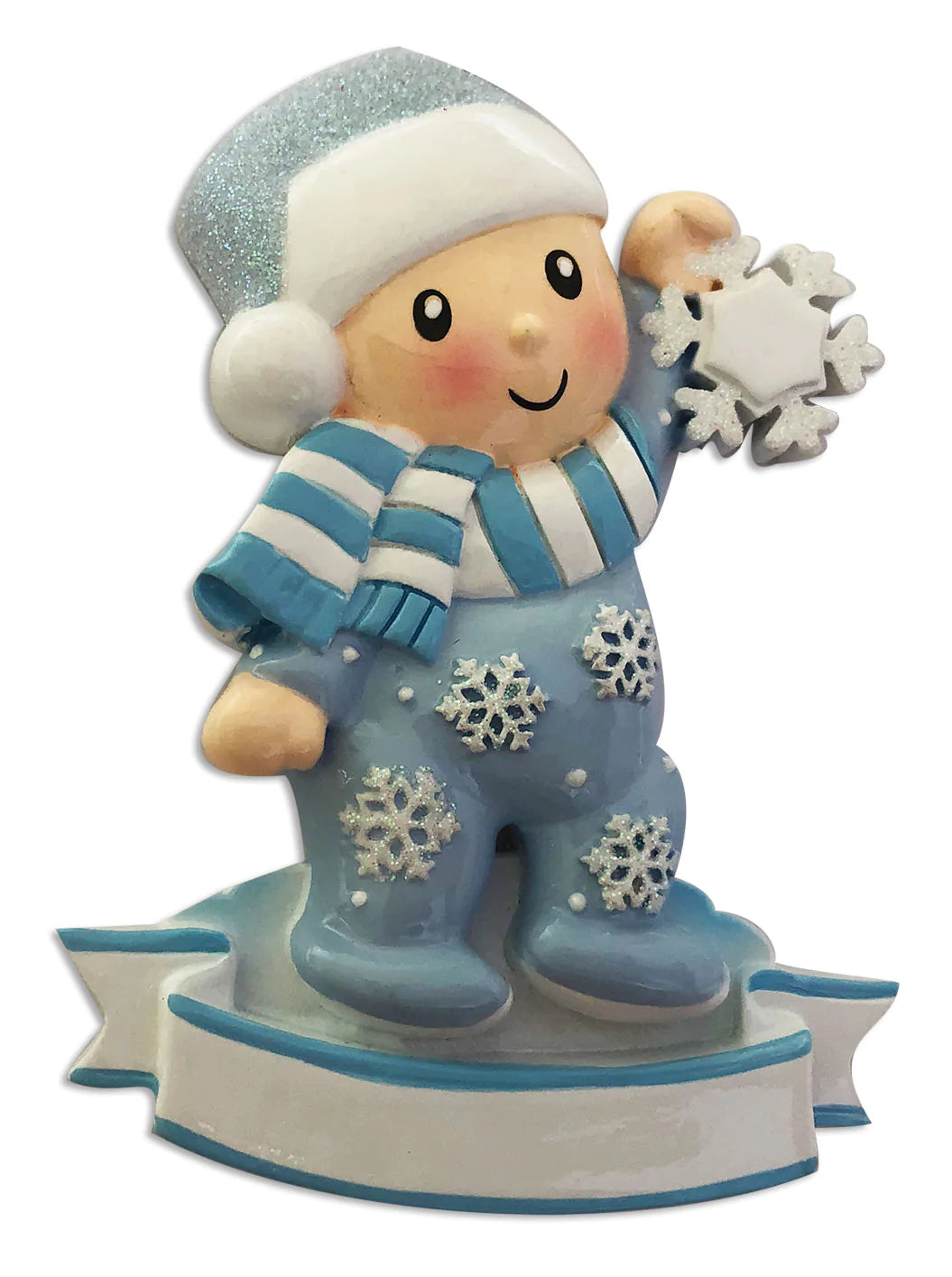 Baby Boy In Pajamas Holding Snowflake (Blue) Personalized Christmas Ornament